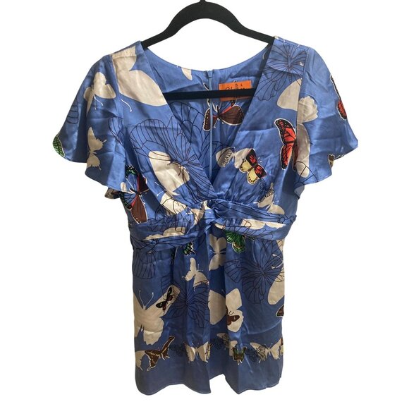 Voom by Joy Han 100% Silk Sky Blue Flying Butterfly Flutter Sleeve Blouse Size L - Picture 1 of 6